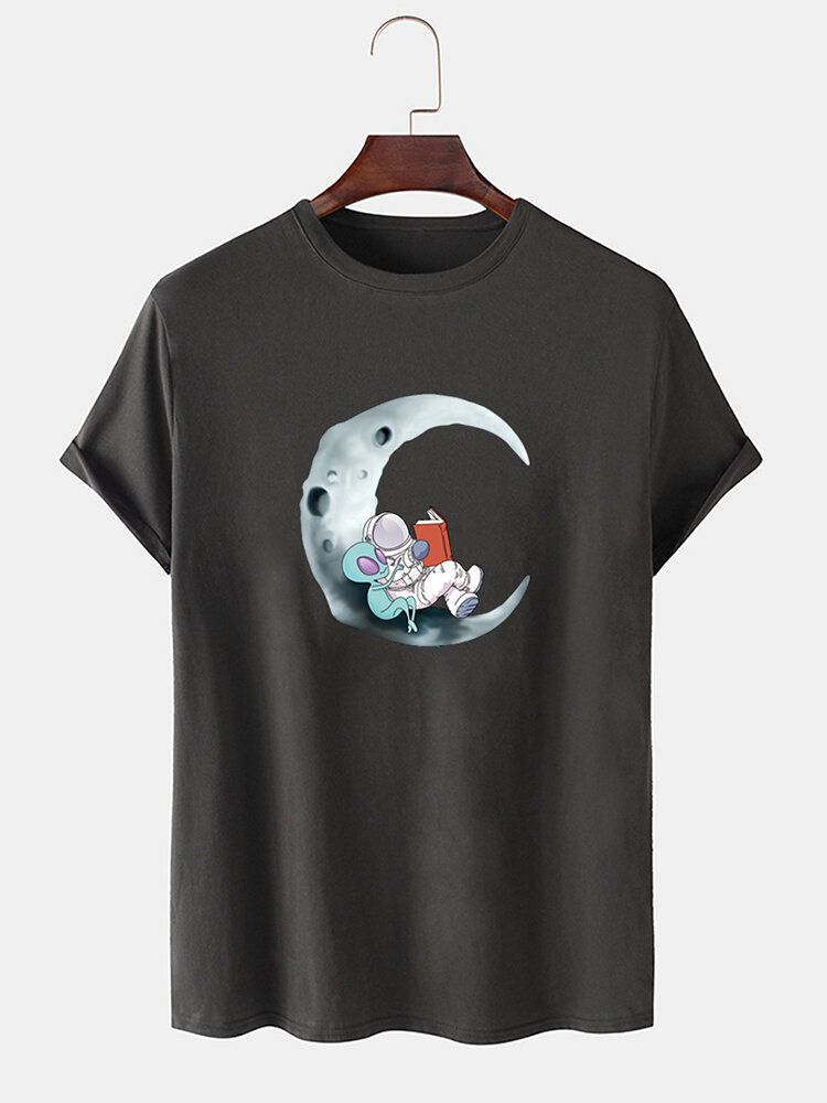 Camisetas Casuales De Manga Corta Con Estampado De Astronauta De Luna De Algodón 100% Para Hombre