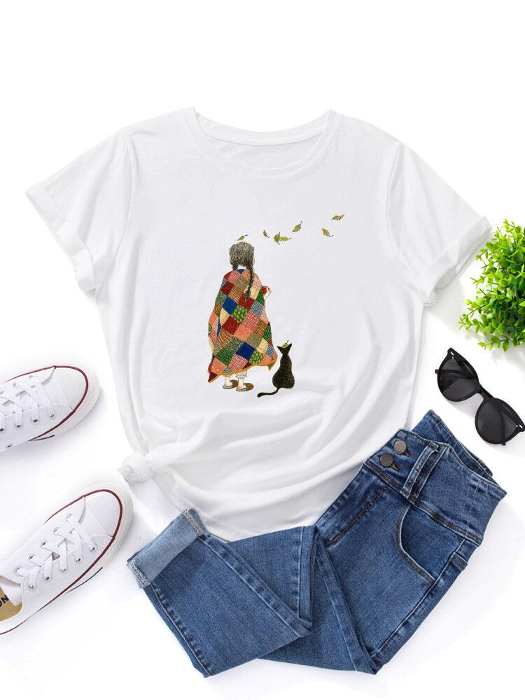 Camisetas Casuales De Manga Corta Con Estampado De Gato Y Niña De Dibujos Animados Para Mujer