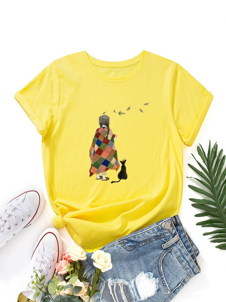 Camisetas Casuales De Manga Corta Con Estampado De Gato Y Niña De Dibujos Animados Para Mujer