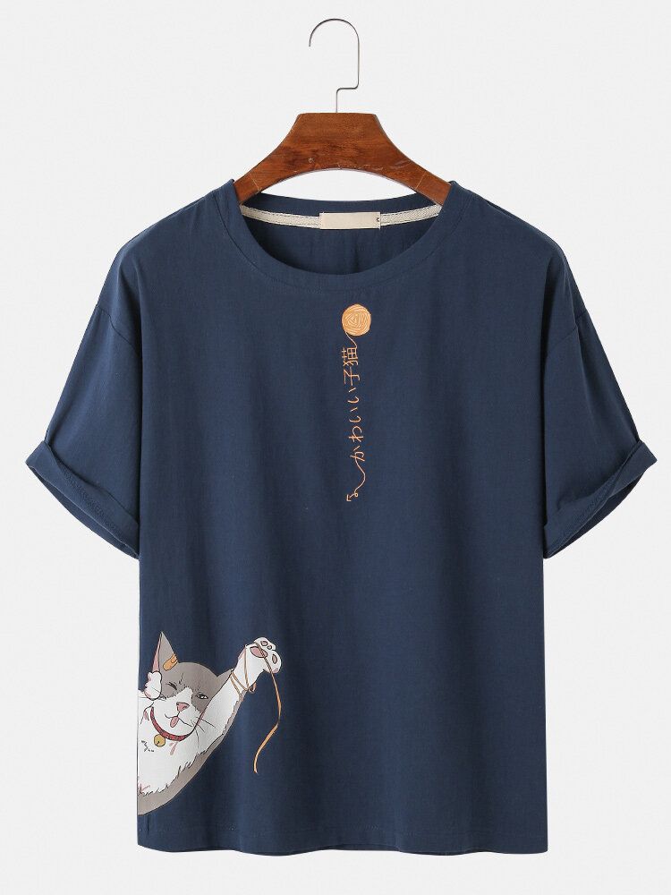 Camisetas Casuales De Manga Corta Con Estampado De Texto Con Estampado De Gato De Dibujos Animados Lindo De Algodón