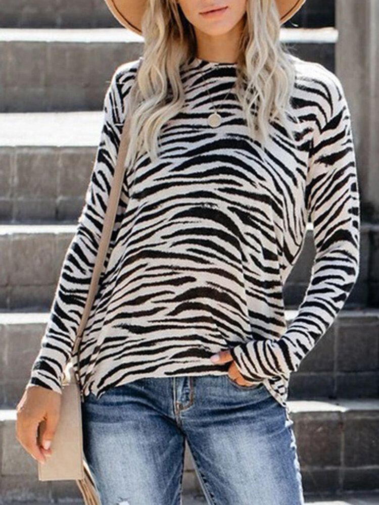 Camisetas Casuales De Manga Larga Con Dobladillo Con Cremallera Y Estampado De Leopardo Para Mujer