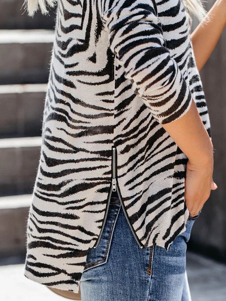 Camisetas Casuales De Manga Larga Con Dobladillo Con Cremallera Y Estampado De Leopardo Para Mujer