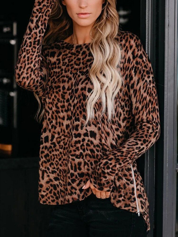 Camisetas Casuales De Manga Larga Con Dobladillo Con Cremallera Y Estampado De Leopardo Para Mujer