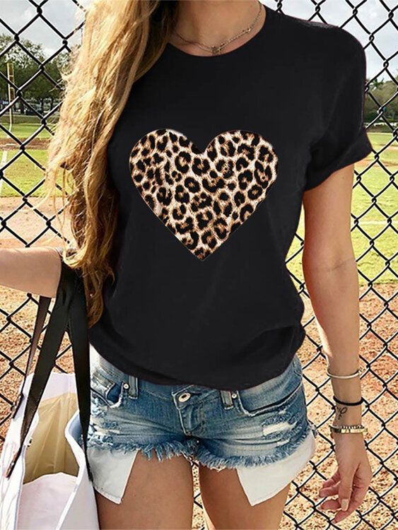 Camisetas Causales De Cuello Redondo Con Estampado De Leopardo Y Estampado De Amor Para Mujer