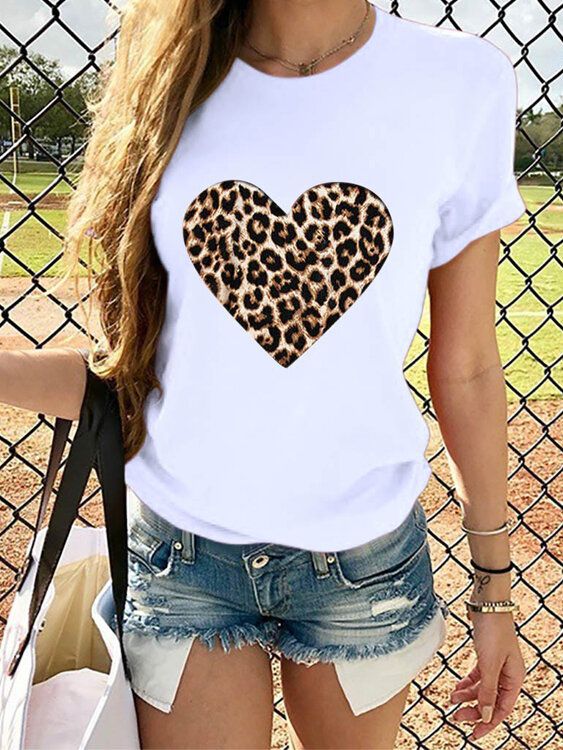 Camisetas Causales De Cuello Redondo Con Estampado De Leopardo Y Estampado De Amor Para Mujer