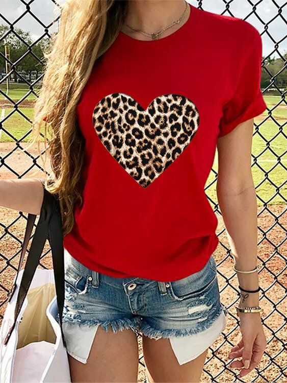 Camisetas Causales De Cuello Redondo Con Estampado De Leopardo Y Estampado De Amor Para Mujer