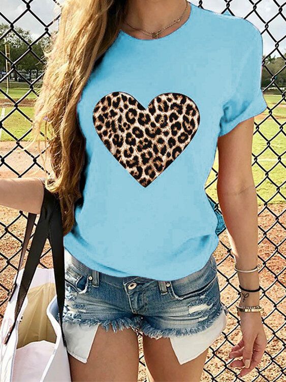 Camisetas Causales De Cuello Redondo Con Estampado De Leopardo Y Estampado De Amor Para Mujer