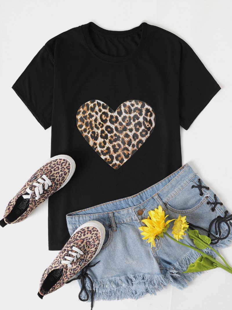 Camisetas Causales De Cuello Redondo Con Estampado De Leopardo Y Estampado De Amor Para Mujer