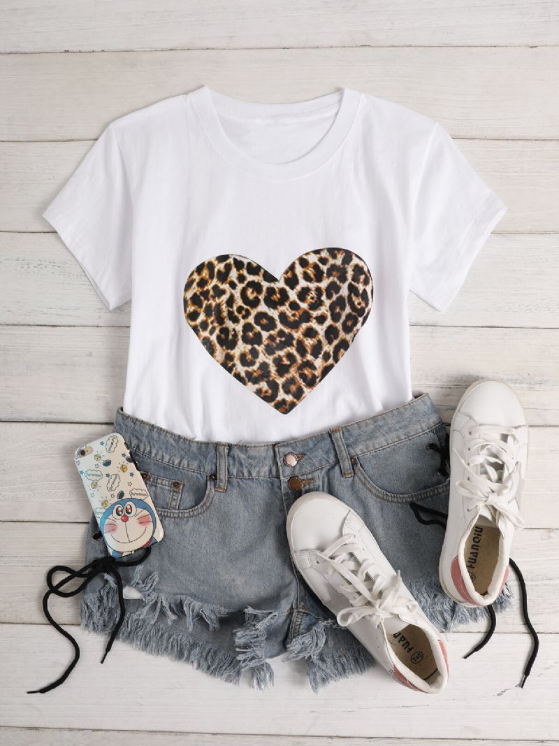 Camisetas Causales De Cuello Redondo Con Estampado De Leopardo Y Estampado De Amor Para Mujer