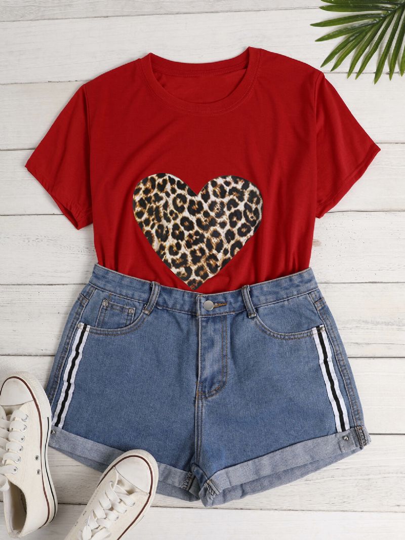 Camisetas Causales De Cuello Redondo Con Estampado De Leopardo Y Estampado De Amor Para Mujer