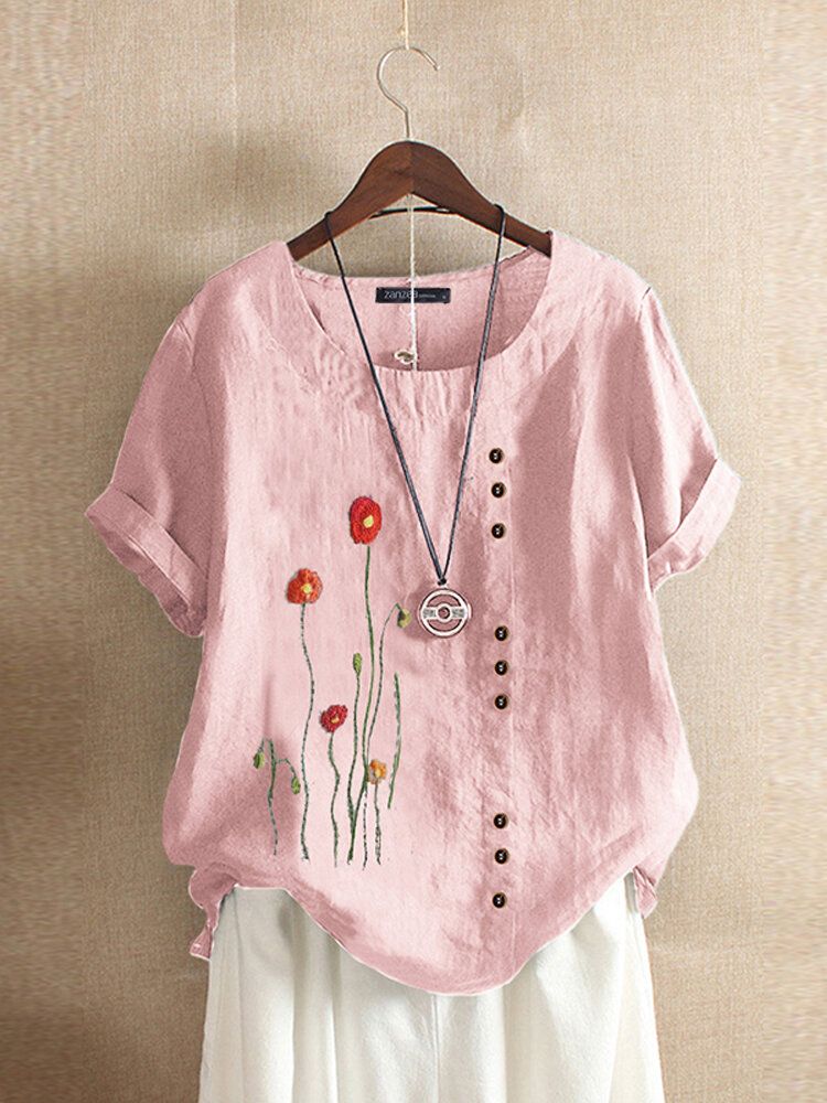 Camisetas Con Botones De Manga Corta Con Cuello Redondo Y Bordado De Flores Para Mujer