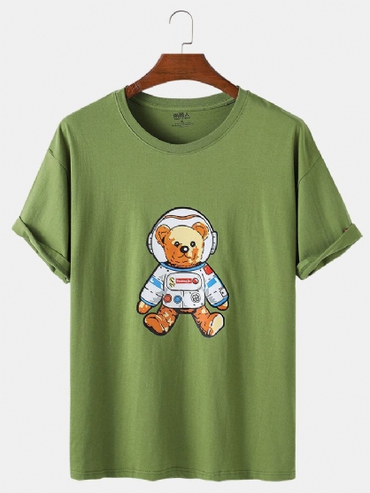 Camisetas De Cuello Redondo De Algodón Ligero Informal Con Estampado De Oso Espacial De Dibujos Animados Para Hombre