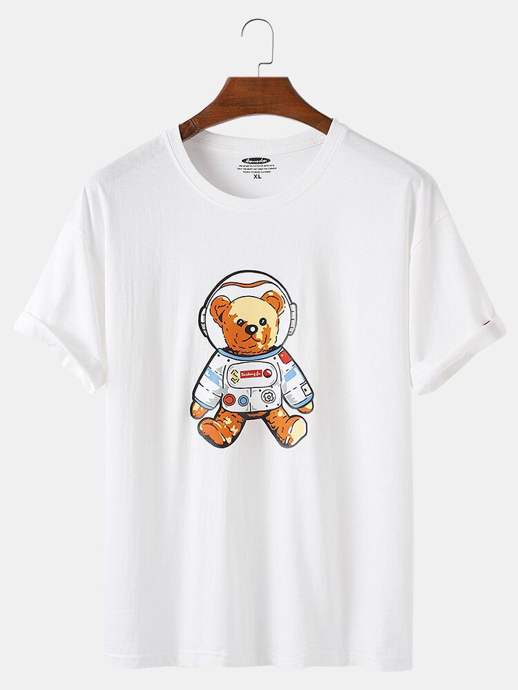 Camisetas De Cuello Redondo De Algodón Ligero Informal Con Estampado De Oso Espacial De Dibujos Animados Para Hombre