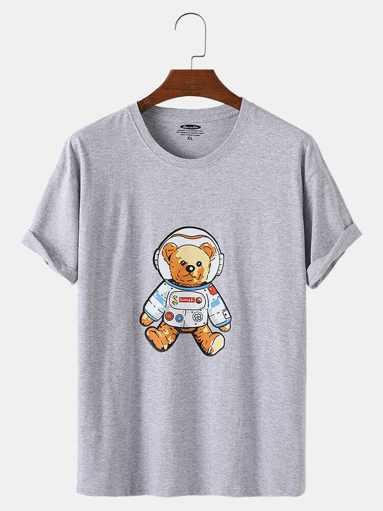 Camisetas De Cuello Redondo De Algodón Ligero Informal Con Estampado De Oso Espacial De Dibujos Animados Para Hombre