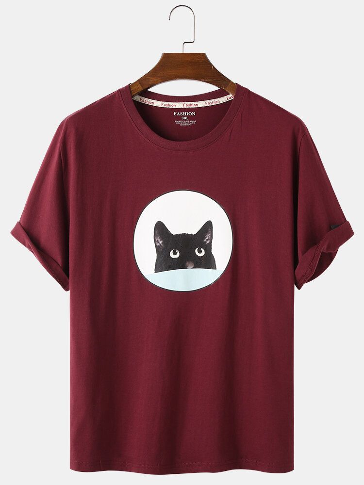 Camisetas De Cuello Redondo Diarias Sueltas Con Estampado De Gato Negro De Dibujos Animados Para Hombre