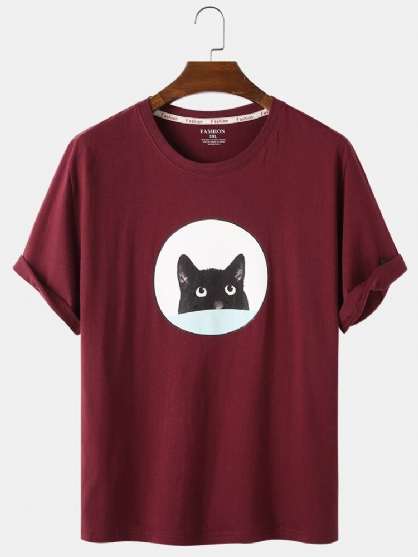 Camisetas De Cuello Redondo Diarias Sueltas Con Estampado De Gato Negro De Dibujos Animados Para Hombre