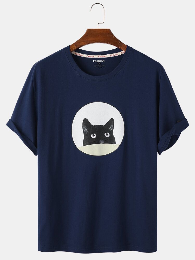 Camisetas De Cuello Redondo Diarias Sueltas Con Estampado De Gato Negro De Dibujos Animados Para Hombre