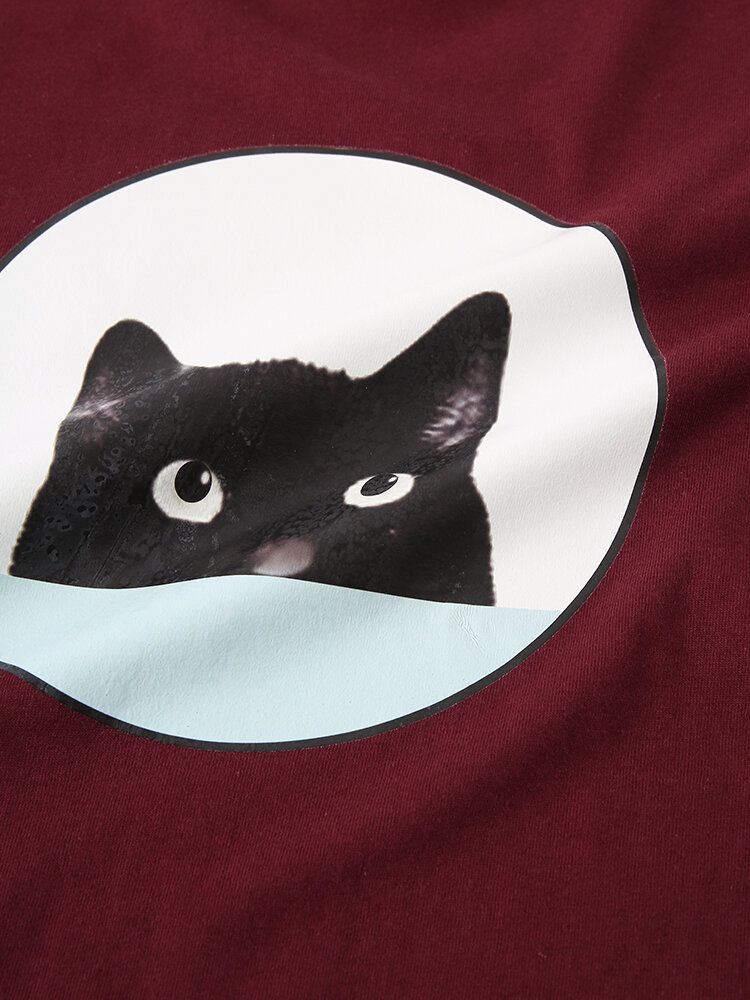 Camisetas De Cuello Redondo Diarias Sueltas Con Estampado De Gato Negro De Dibujos Animados Para Hombre