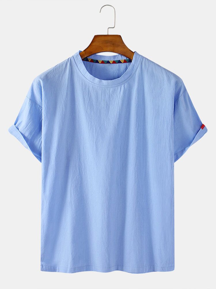 Camisetas De Cuello Redondo Fino Sueltas Informales Simples De Color Sólido De Algodón Para Hombre