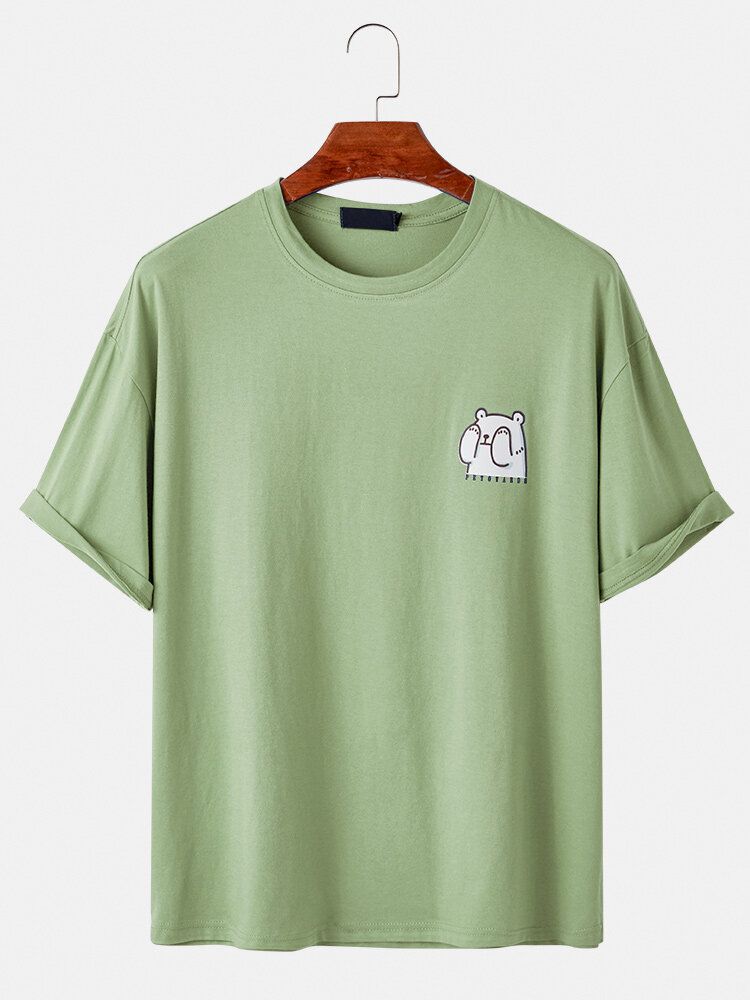 Camisetas De Cuello Redondo Informales Ligeras Sueltas De Color Sólido Con Estampado De Oso De Dibujos Animados Para Hombre