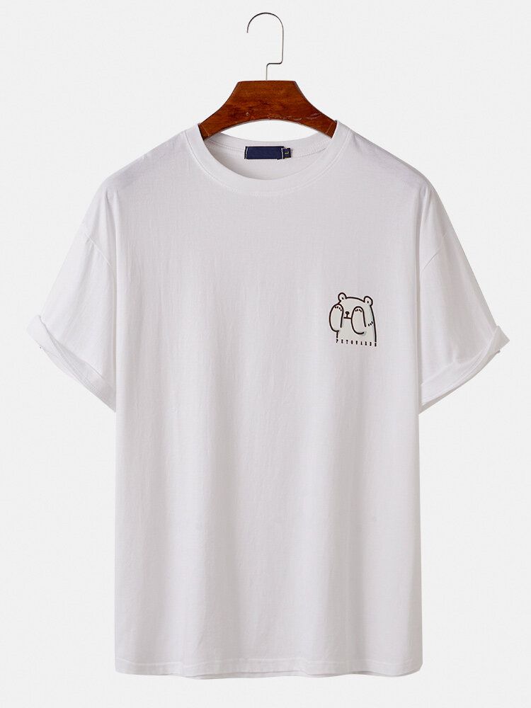 Camisetas De Cuello Redondo Informales Ligeras Sueltas De Color Sólido Con Estampado De Oso De Dibujos Animados Para Hombre