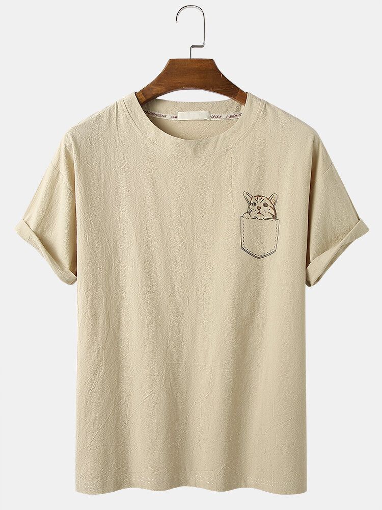 Camisetas De Cuello Redondo Informales Ligeras Sueltas De Color Sólido De Gato De Dibujos Animados Para Hombre