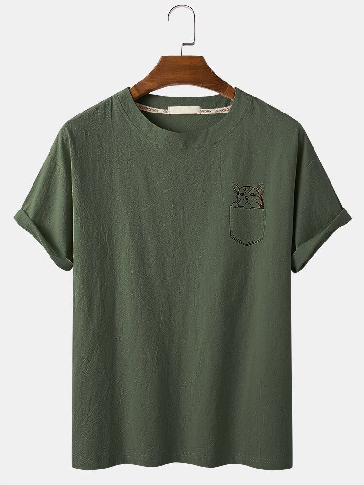 Camisetas De Cuello Redondo Informales Ligeras Sueltas De Color Sólido De Gato De Dibujos Animados Para Hombre