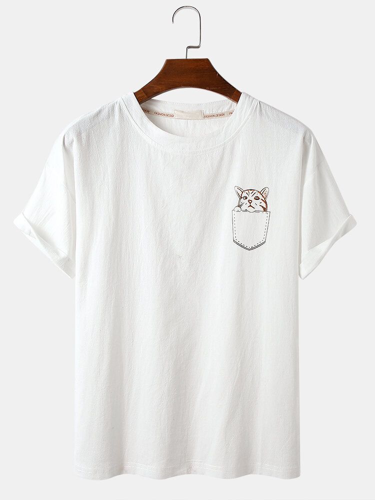 Camisetas De Cuello Redondo Informales Ligeras Sueltas De Color Sólido De Gato De Dibujos Animados Para Hombre