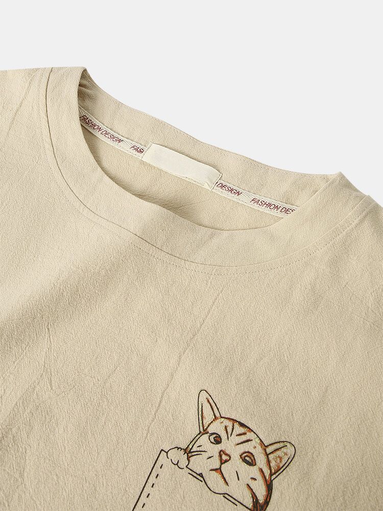 Camisetas De Cuello Redondo Informales Ligeras Sueltas De Color Sólido De Gato De Dibujos Animados Para Hombre