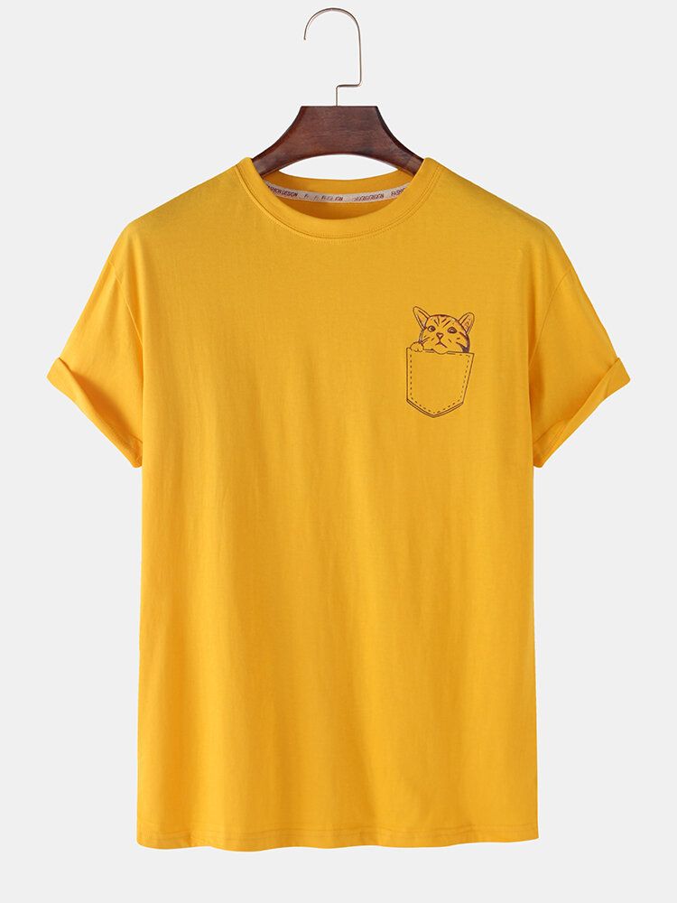 Camisetas De Cuello Redondo Informales Sueltas Lisas De Gato De Dibujos Animados De Algodón Para Hombre