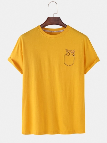 Camisetas De Cuello Redondo Informales Sueltas Lisas De Gato De Dibujos Animados De Algodón Para Hombre