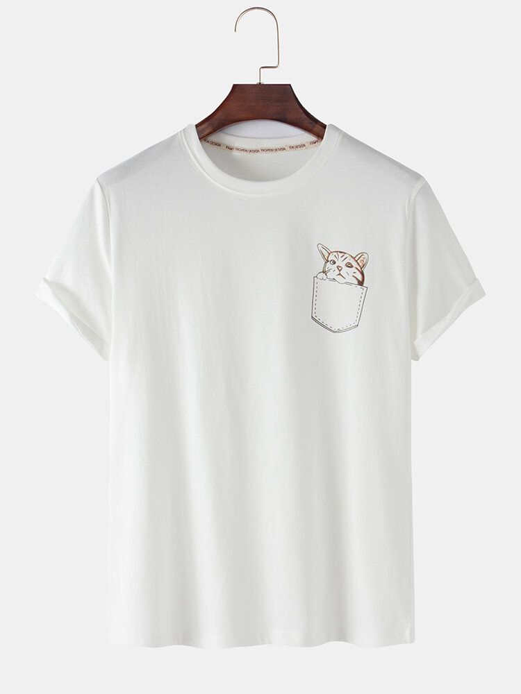 Camisetas De Cuello Redondo Informales Sueltas Lisas De Gato De Dibujos Animados De Algodón Para Hombre