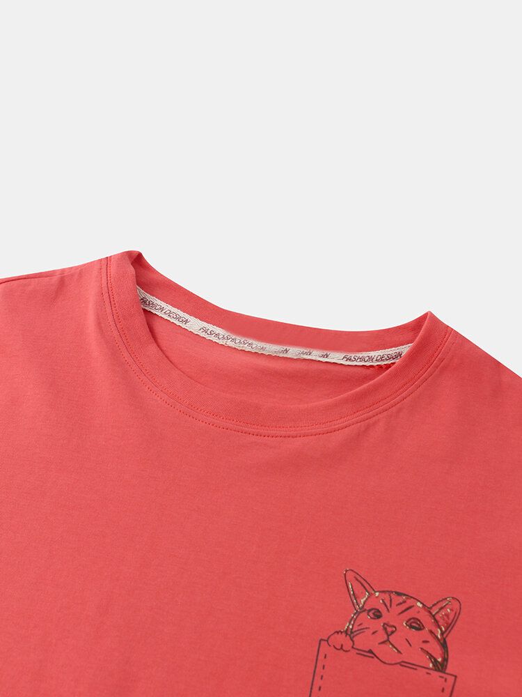 Camisetas De Cuello Redondo Informales Sueltas Lisas De Gato De Dibujos Animados De Algodón Para Hombre