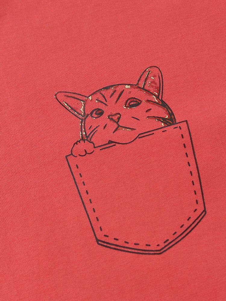 Camisetas De Cuello Redondo Informales Sueltas Lisas De Gato De Dibujos Animados De Algodón Para Hombre