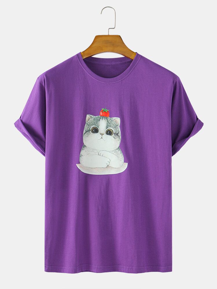 Camisetas De Cuello Redondo Ligeras Sueltas De Algodón Con Estampado De Gato De Dibujos Animados Para Hombre