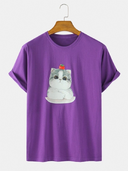 Camisetas De Cuello Redondo Ligeras Sueltas De Algodón Con Estampado De Gato De Dibujos Animados Para Hombre