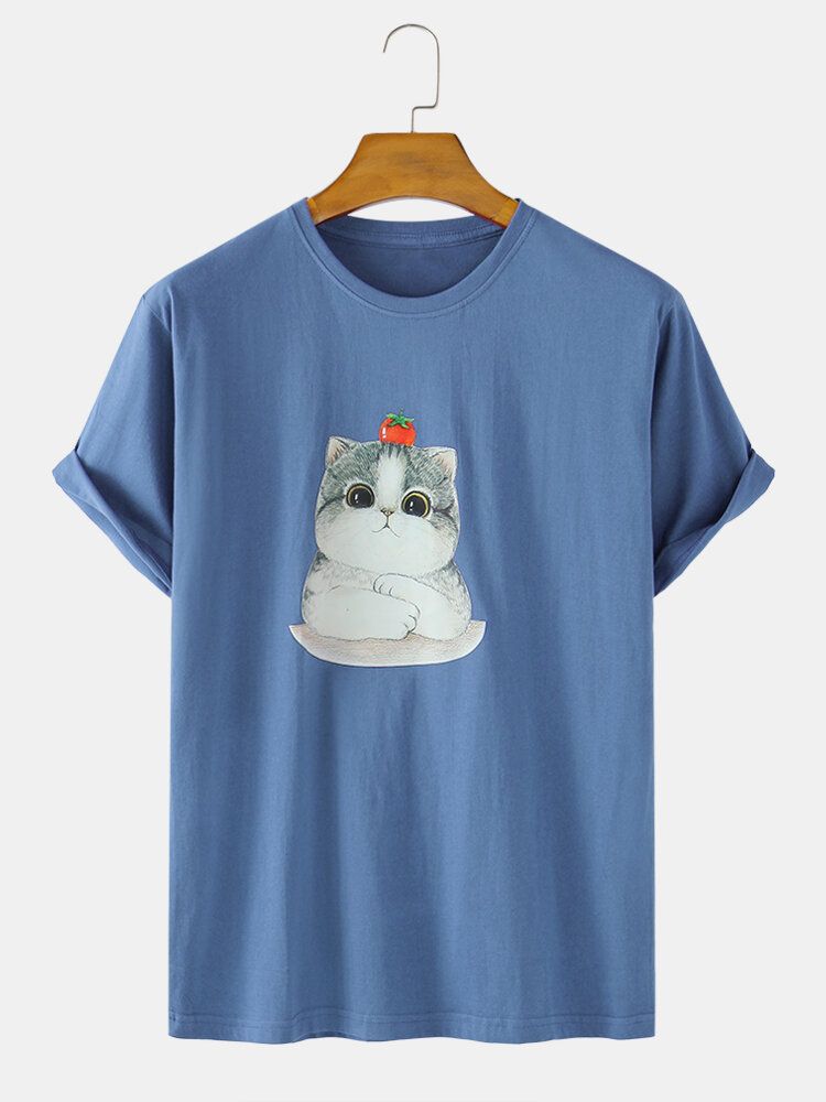 Camisetas De Cuello Redondo Ligeras Sueltas De Algodón Con Estampado De Gato De Dibujos Animados Para Hombre