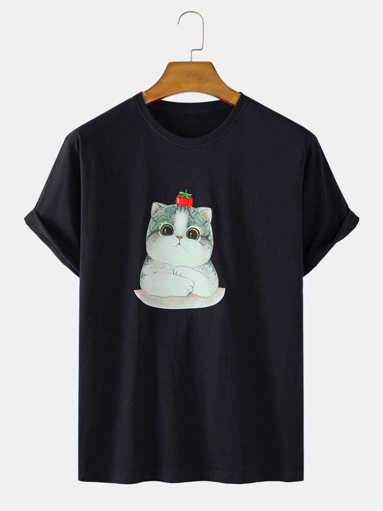 Camisetas De Cuello Redondo Ligeras Sueltas De Algodón Con Estampado De Gato De Dibujos Animados Para Hombre