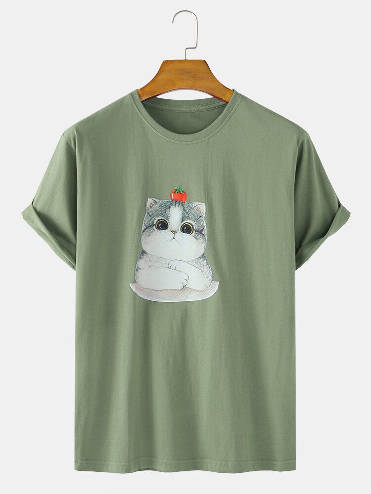 Camisetas De Cuello Redondo Ligeras Sueltas De Algodón Con Estampado De Gato De Dibujos Animados Para Hombre