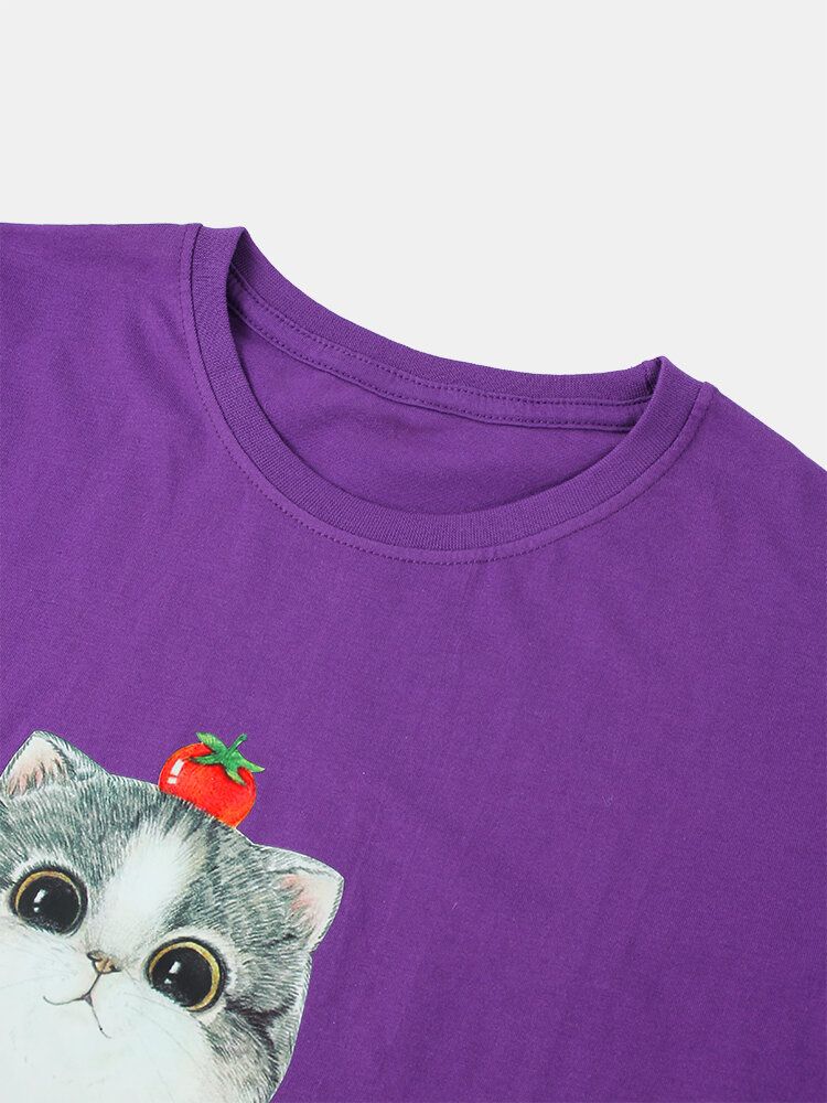 Camisetas De Cuello Redondo Ligeras Sueltas De Algodón Con Estampado De Gato De Dibujos Animados Para Hombre