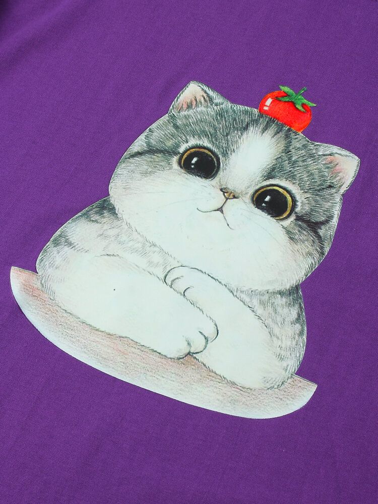 Camisetas De Cuello Redondo Ligeras Sueltas De Algodón Con Estampado De Gato De Dibujos Animados Para Hombre