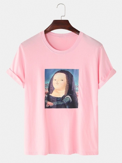 Camisetas De Cuello Redondo Ligeras Sueltas Con Estampado De Mona Lisa De Dibujos Animados Divertidos Para Hombre