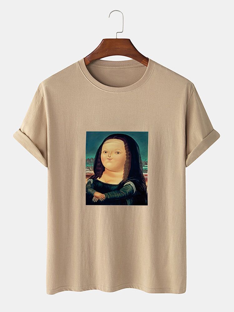 Camisetas De Cuello Redondo Ligeras Sueltas Con Estampado De Mona Lisa De Dibujos Animados Divertidos Para Hombre