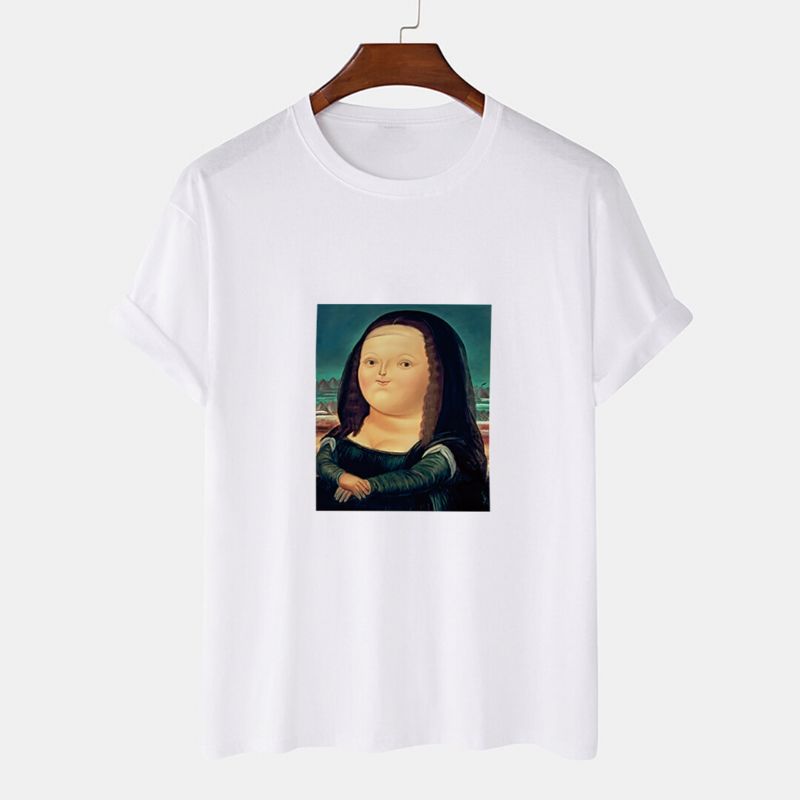 Camisetas De Cuello Redondo Ligeras Sueltas Con Estampado De Mona Lisa De Dibujos Animados Divertidos Para Hombre