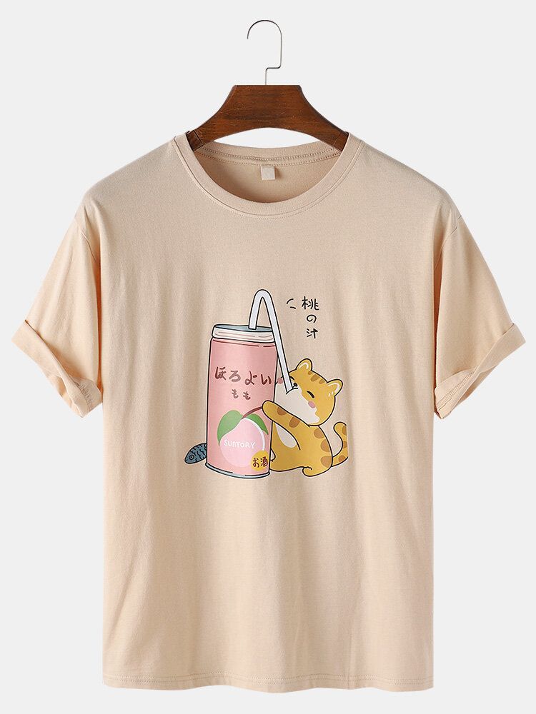 Camisetas De Cuello Redondo Ocasionales Ligeras Sueltas De Algodón Con Estampado De Gato De Dibujos Animados Para Hombre