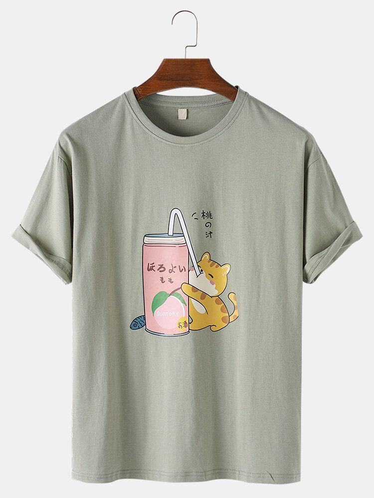 Camisetas De Cuello Redondo Ocasionales Ligeras Sueltas De Algodón Con Estampado De Gato De Dibujos Animados Para Hombre