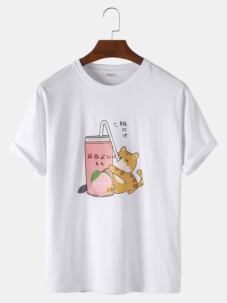 Camisetas De Cuello Redondo Ocasionales Ligeras Sueltas De Algodón Con Estampado De Gato De Dibujos Animados Para Hombre