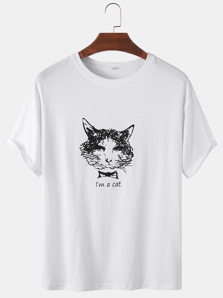 Camisetas De Cuello Redondo Ocasionales Ligeras Sueltas Con Estampado De Gato Abstracto De Algodón Para Hombre