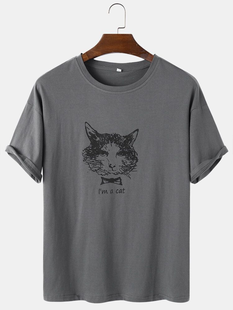 Camisetas De Cuello Redondo Ocasionales Ligeras Sueltas Con Estampado De Gato Abstracto De Algodón Para Hombre