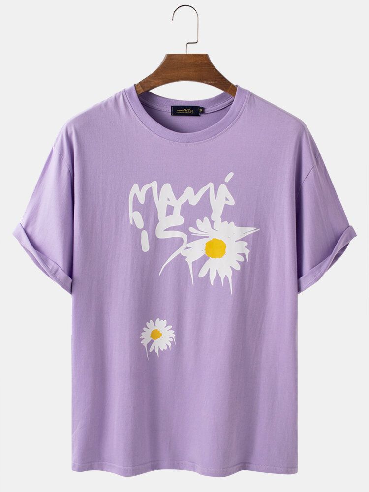 Camisetas De Cuello Redondo Sueltas De Color Sólido Con Estampado De Margaritas De Algodón Para Hombre